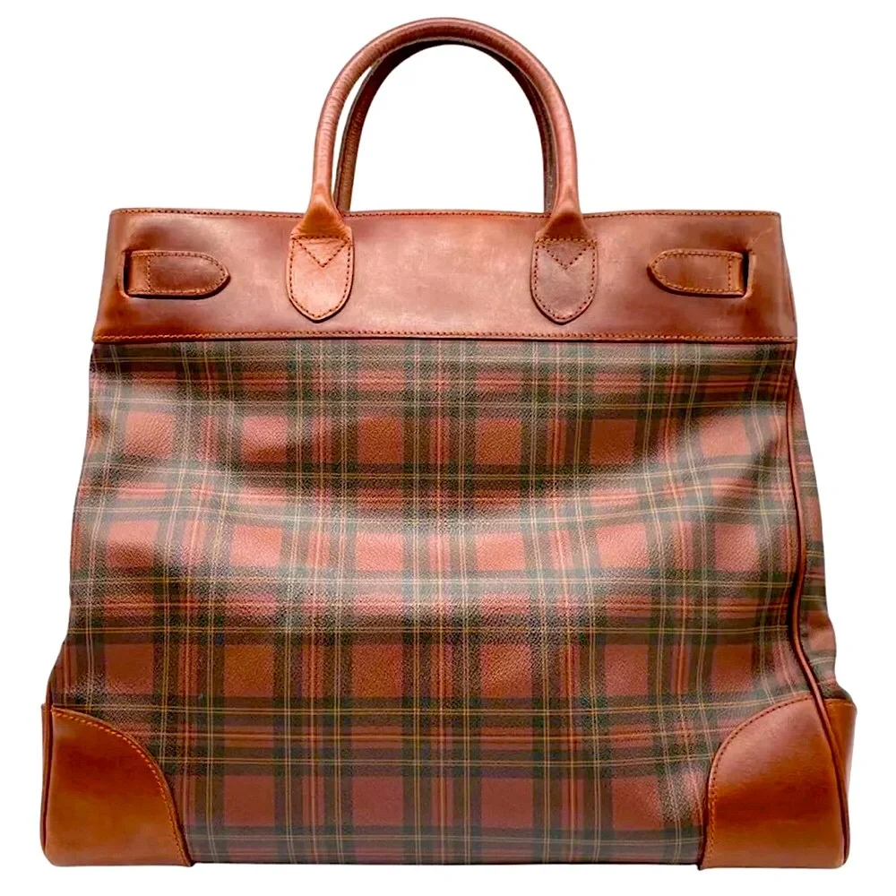 RALPH LAUREN Tall Tartan Plaid Brown Boston Weekend Travel Duffle Doctor Bag